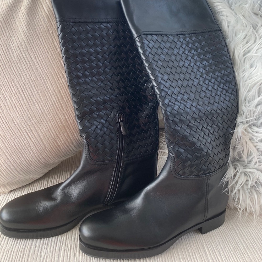 Bottega Veneta Black Woven Leather Knee Boots